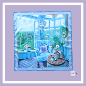 Silk scarf featuring an open French window overlooking the green hills of Da Lat, with blue armchair, flowers, coffee table, and floral arrangements, inspired by Flora Do's original oil painting.