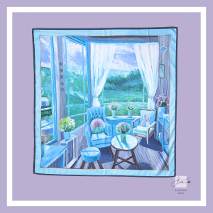 Dreamy Dalat Flora Silk Scarf displayed fully open, featuring a peaceful interior overlooking rolling hills through large windows, adapted from Flora Do's original Dreamy Dalat painting series.