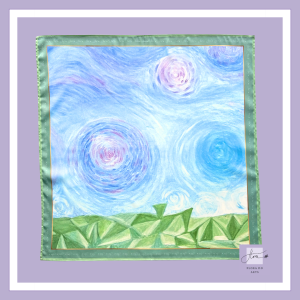 Rocky Tree – Fresh Sage Edition silk scarf featuring swirling blue and lavender skies above stylized geometric foliage, finished with a fresh sage green border.