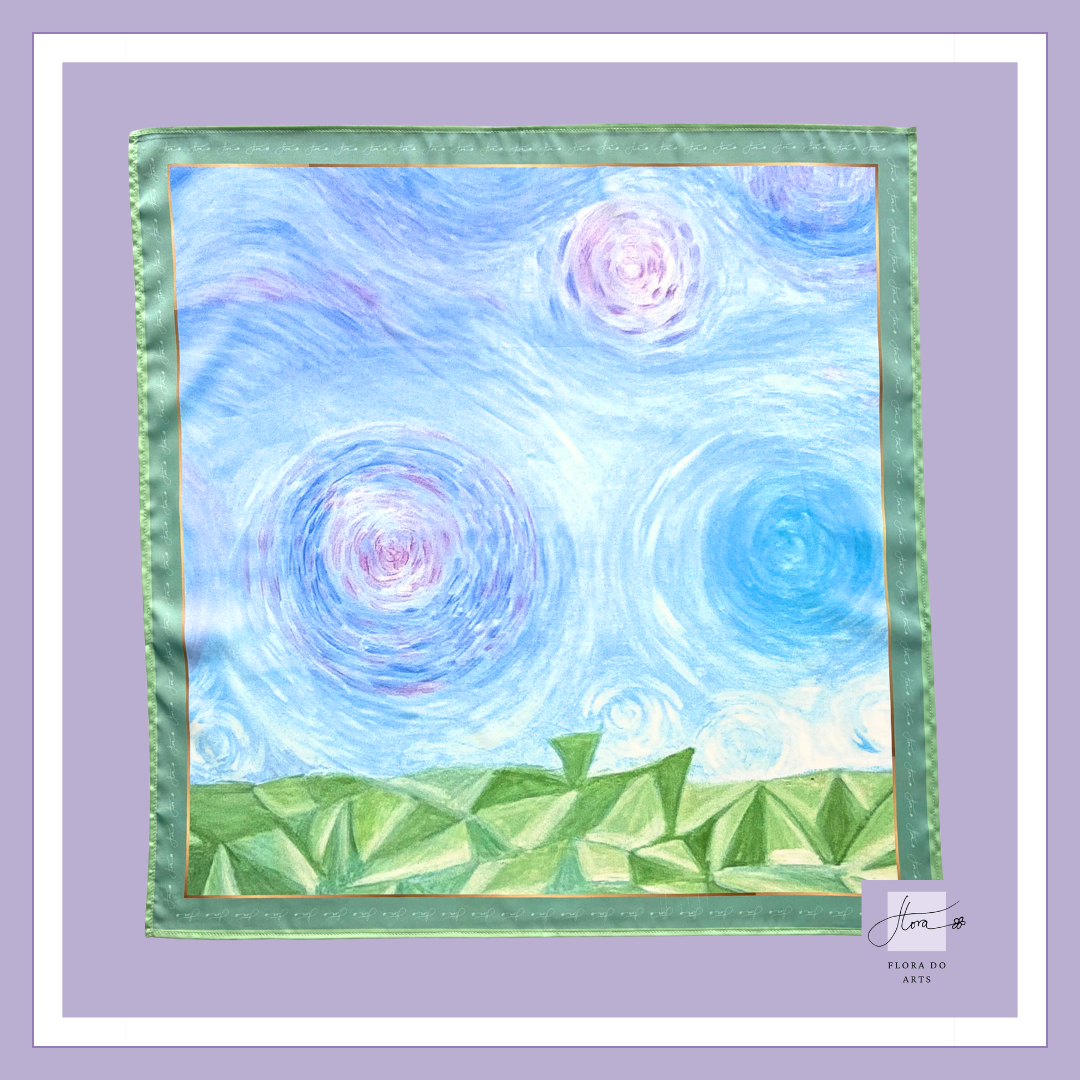 Rocky Tree – Fresh Sage Edition silk scarf featuring swirling blue and lavender skies above stylized geometric foliage, finished with a fresh sage green border.