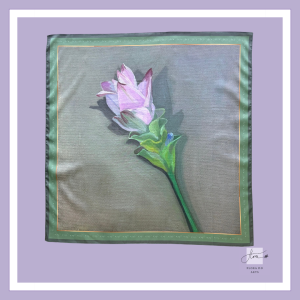 Tiny Siam Tulip Flora Silk Scarf displayed fully open, featuring a single Siam tulip against a soft muted background, adapted from Flora Do's original oil painting.