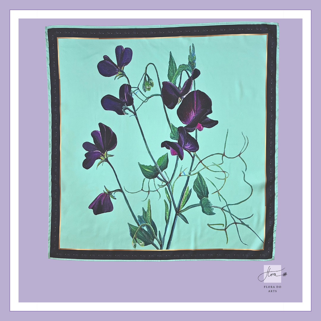 Sweet Pea silk scarf by Flora Do Arts, 70 × 70 cm square art silk scarf inspired by the original oil painting "Sweet as the Night, Velvet as the Night."