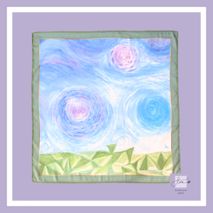 Rocky Tree Flora Silk Scarf fully opened, displaying the complete artwork with swirling sky, geometric green forms, and the signature Flora Silk Scarf border.