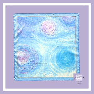 Silk scarf featuring swirling blue, lavender, and white skies inspired by the Thạch Lựu Mộc painting series by Flora Do.