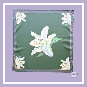 Silk scarf featuring a white lily at the center with matching lilies in all four corners on a deep sage green background, inspired by Flora Do's original oil painting series Who Is Watching?