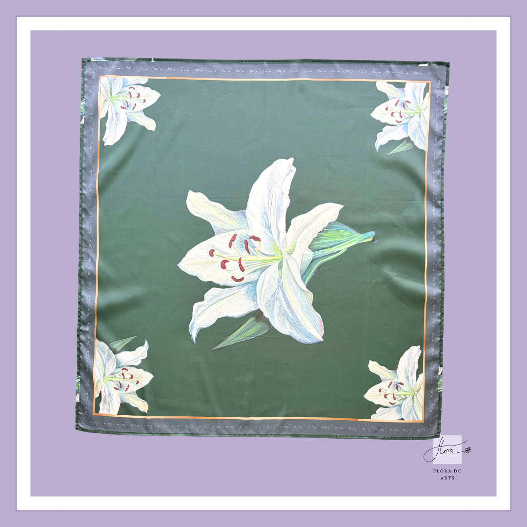 Silk scarf featuring a white lily at the center with matching lilies in all four corners on a deep sage green background, inspired by Flora Do's original oil painting series Who Is Watching?
